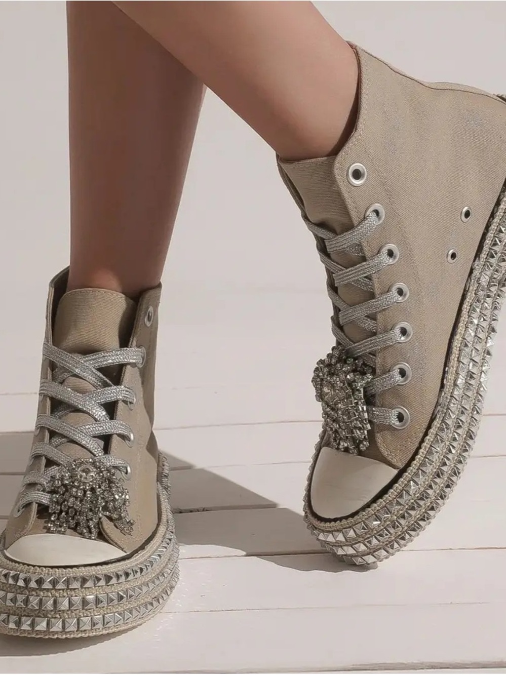 Metallic Taupe High-Top Sneakers with Crystal Stud Detailing